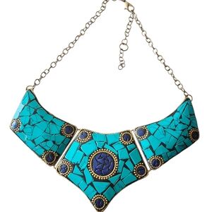Vintage Tribal Turquoise Mosaic Statement Necklace